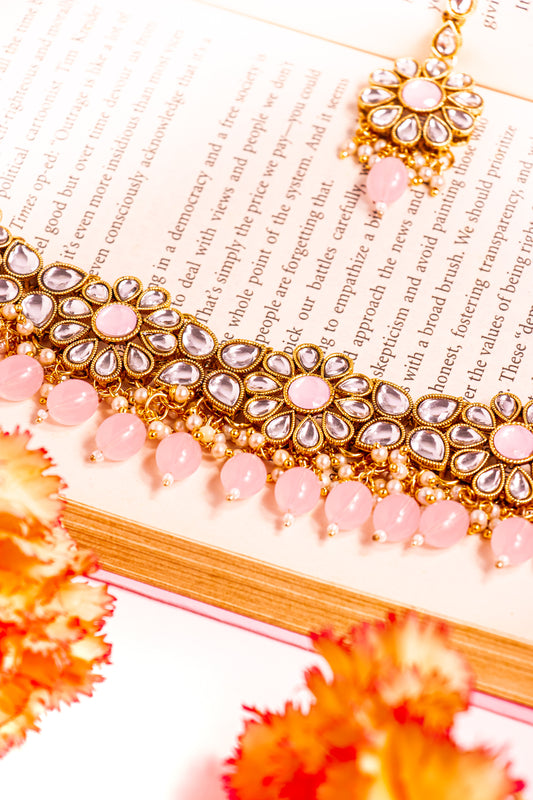 Noor's Cascade Pink Kundan Necklace Set
