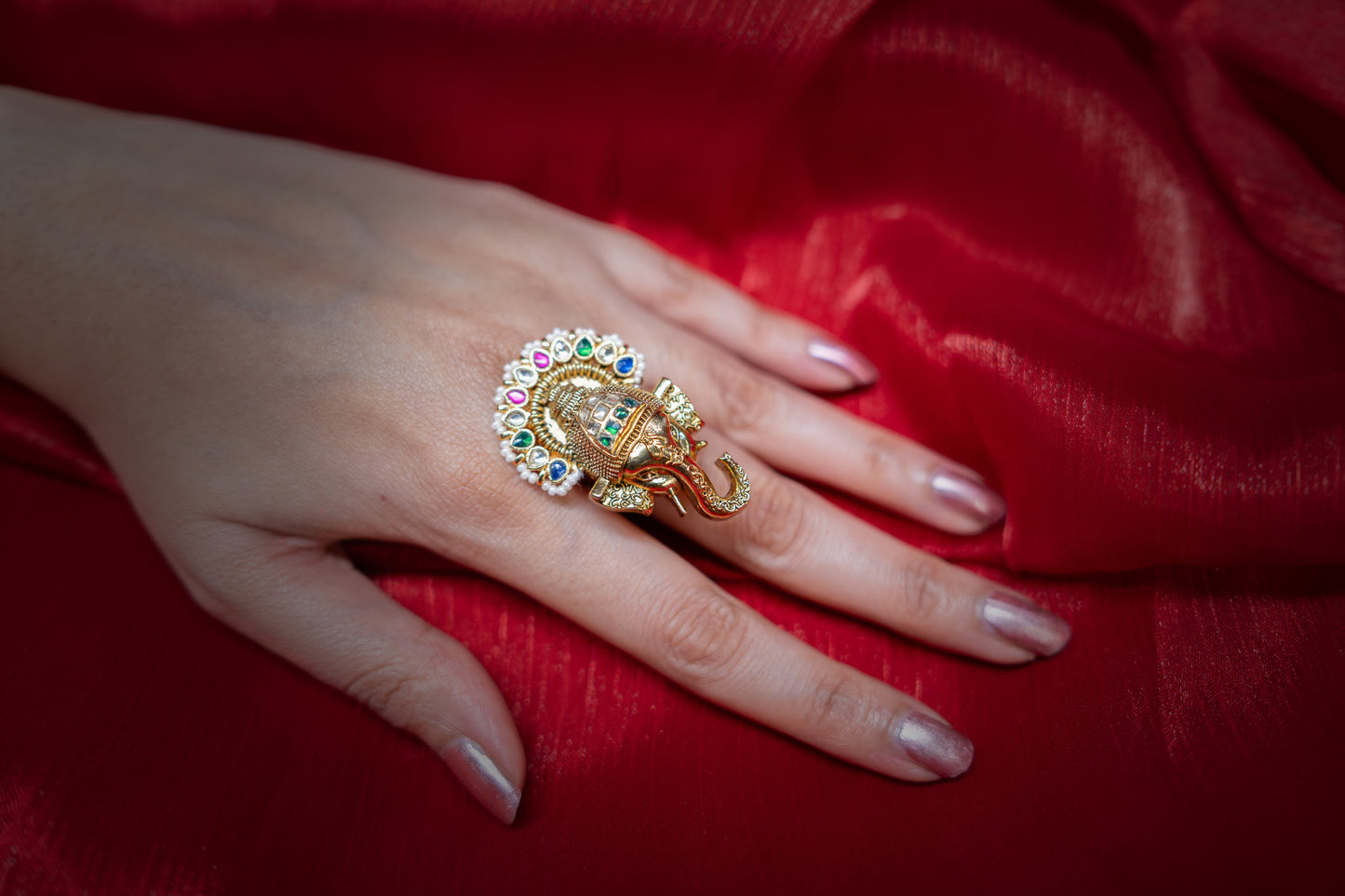 Regal Charm Ganesha Polki Adustable Ring - ELYSIAN GODDESS