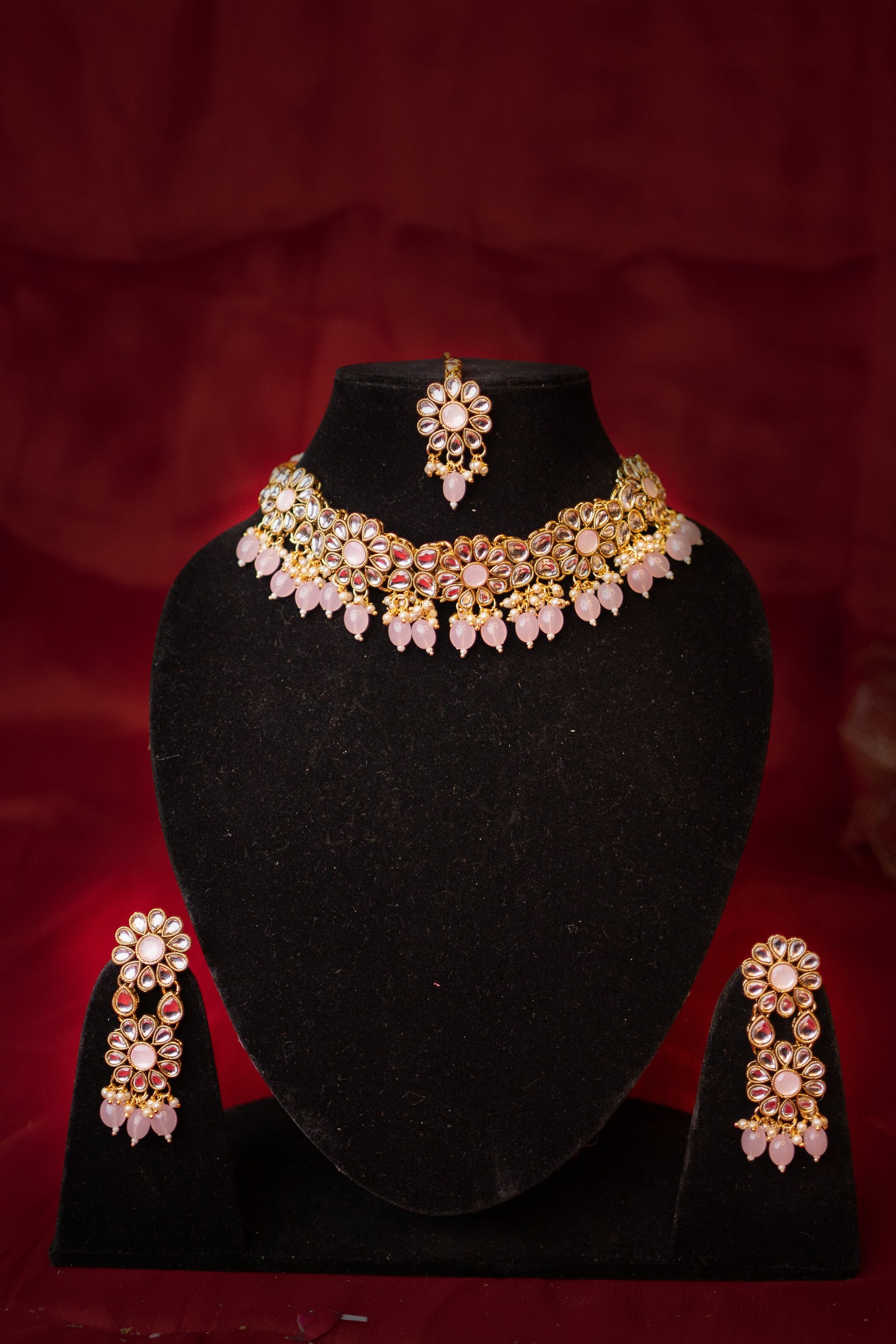 Noor's Cascade Pink Kundan Necklace Set - ELYSIAN GODDESS