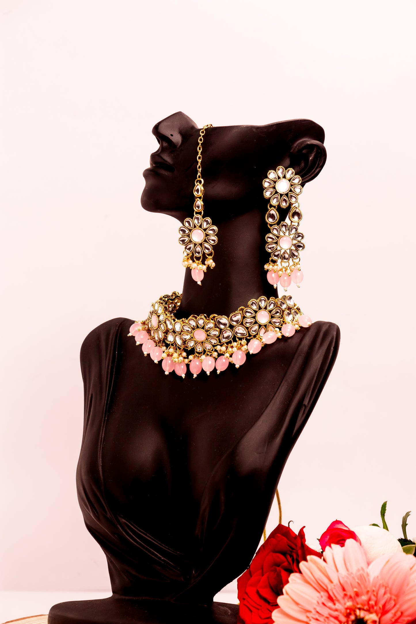 Noor's Cascade Pink Kundan Necklace Set