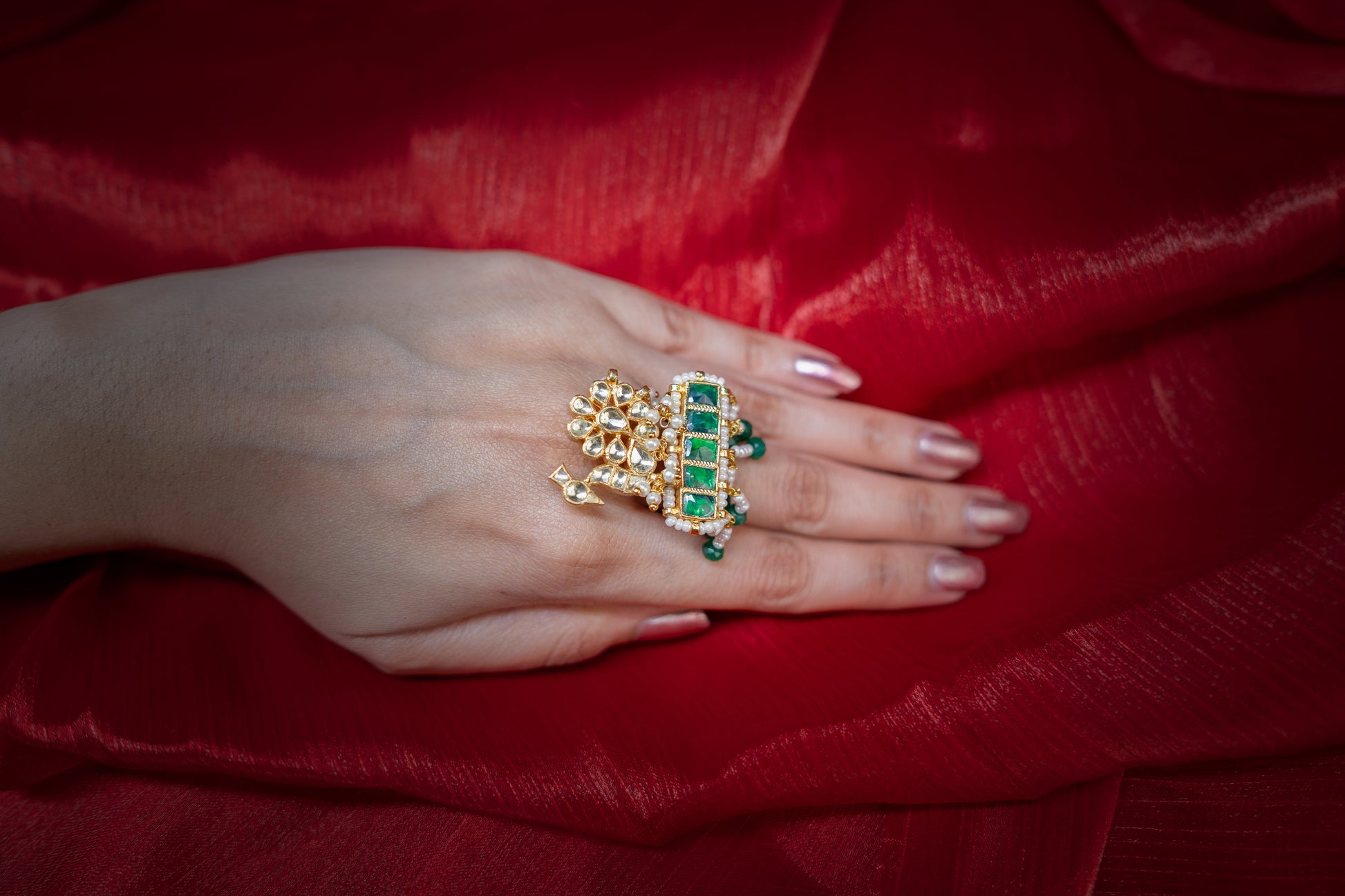 Eternal Padmavati Green Kundan Adjustable Ring - ELYSIAN GODDESS
